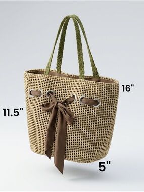 Woven Straw Tote with Olive Straps and Brown Bow / Bohemian bag / summer tote